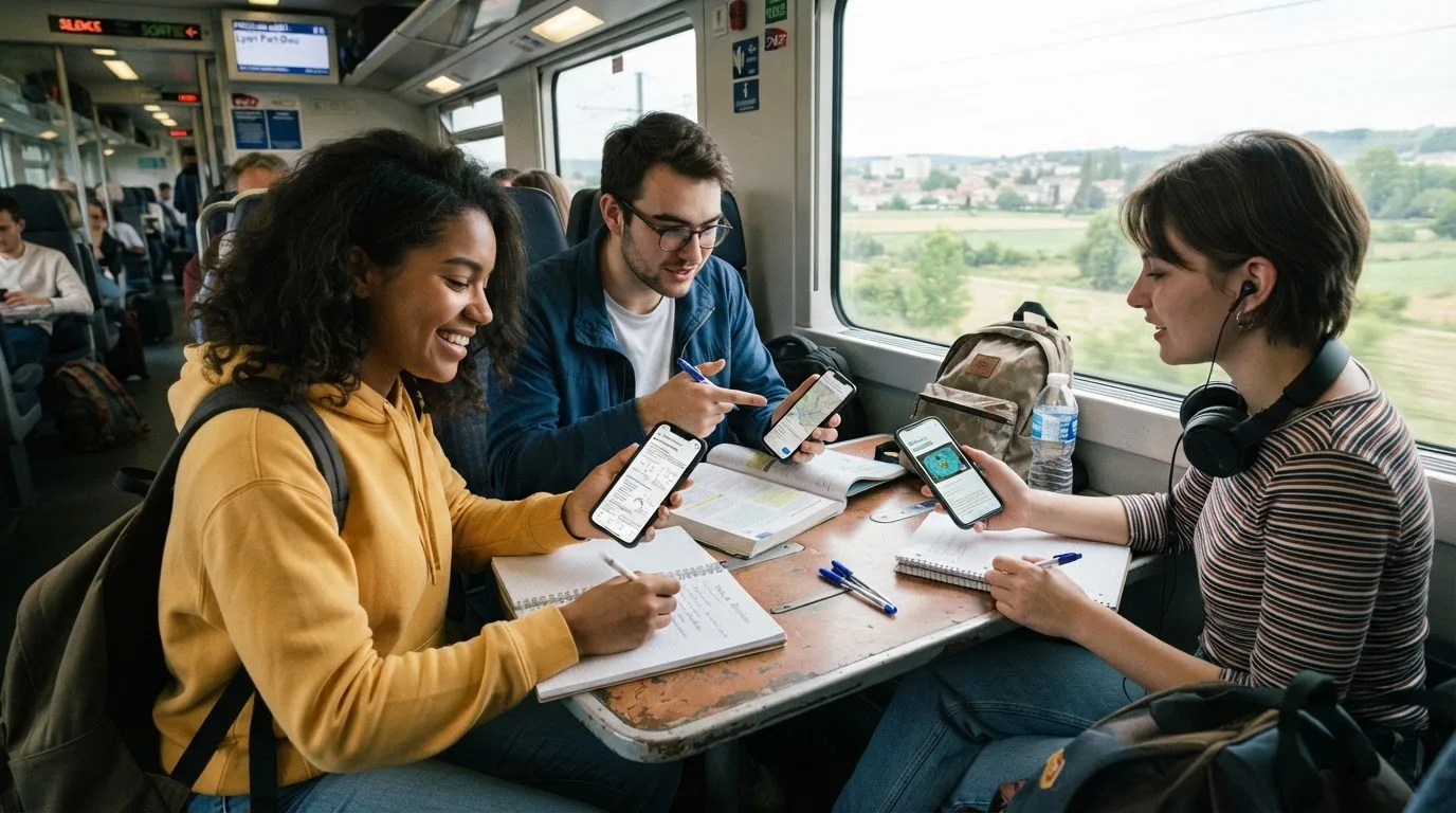 Un groupe d'étudiants étudiant ensemble avec leurs téléphones mobiles