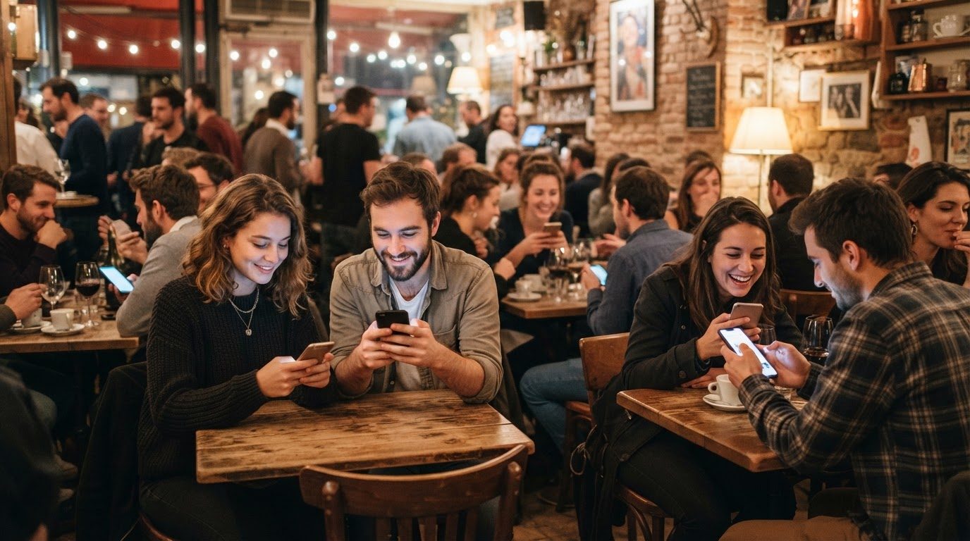 un groupe de personnes utilisant des téléphones mobiles dans un café