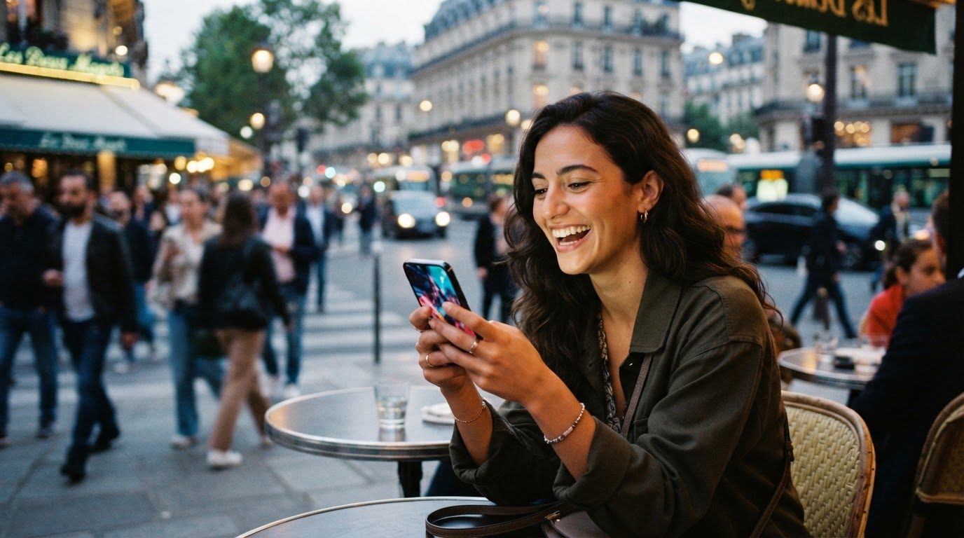 un utilisateur utilisant un téléphone 5G dans un environnement urbain