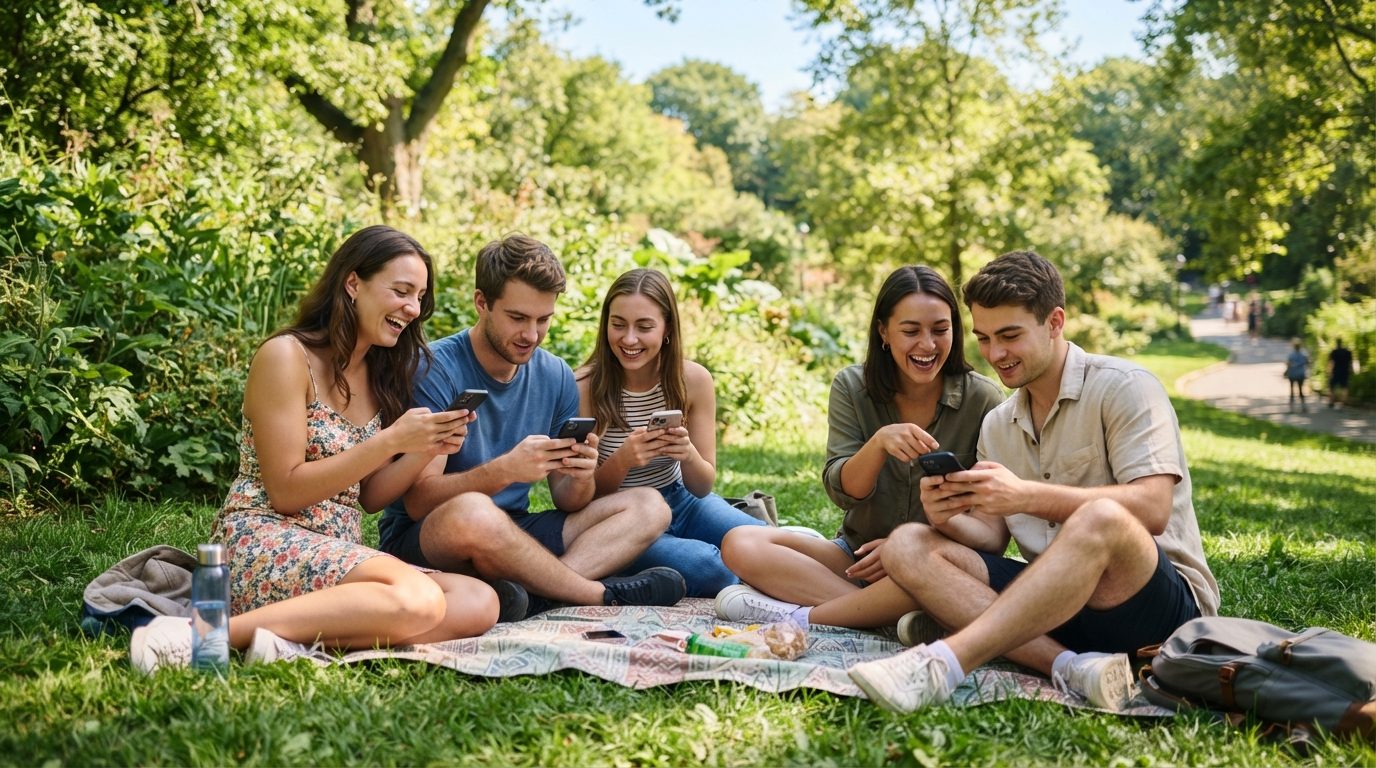 des personnes utilisant leur téléphone dans un parc