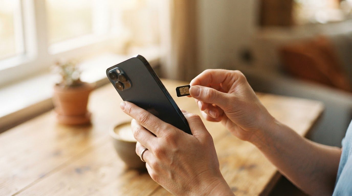 des mains tenant un smartphone et une carte SIM