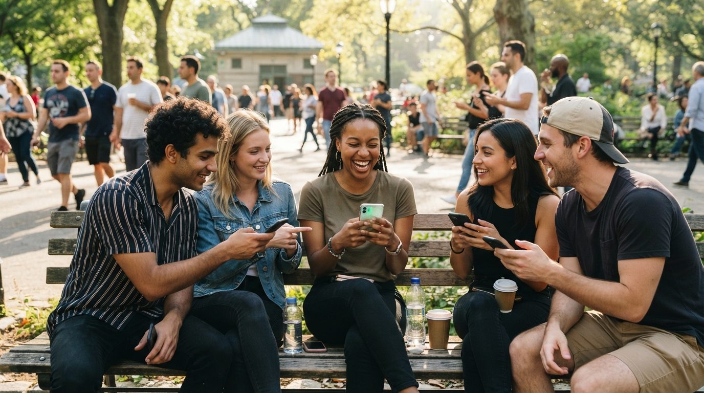 un groupe de personnes utilisant des téléphones mobiles dans un parc
