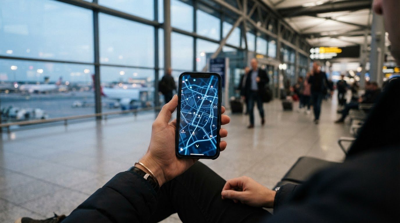 un smartphone affichant une carte sur un fond d'aéroport