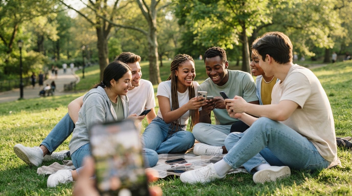 Un groupe de jeunes utilisant leurs smartphones dans un parc, capturant un moment de partage et de connexion numérique.