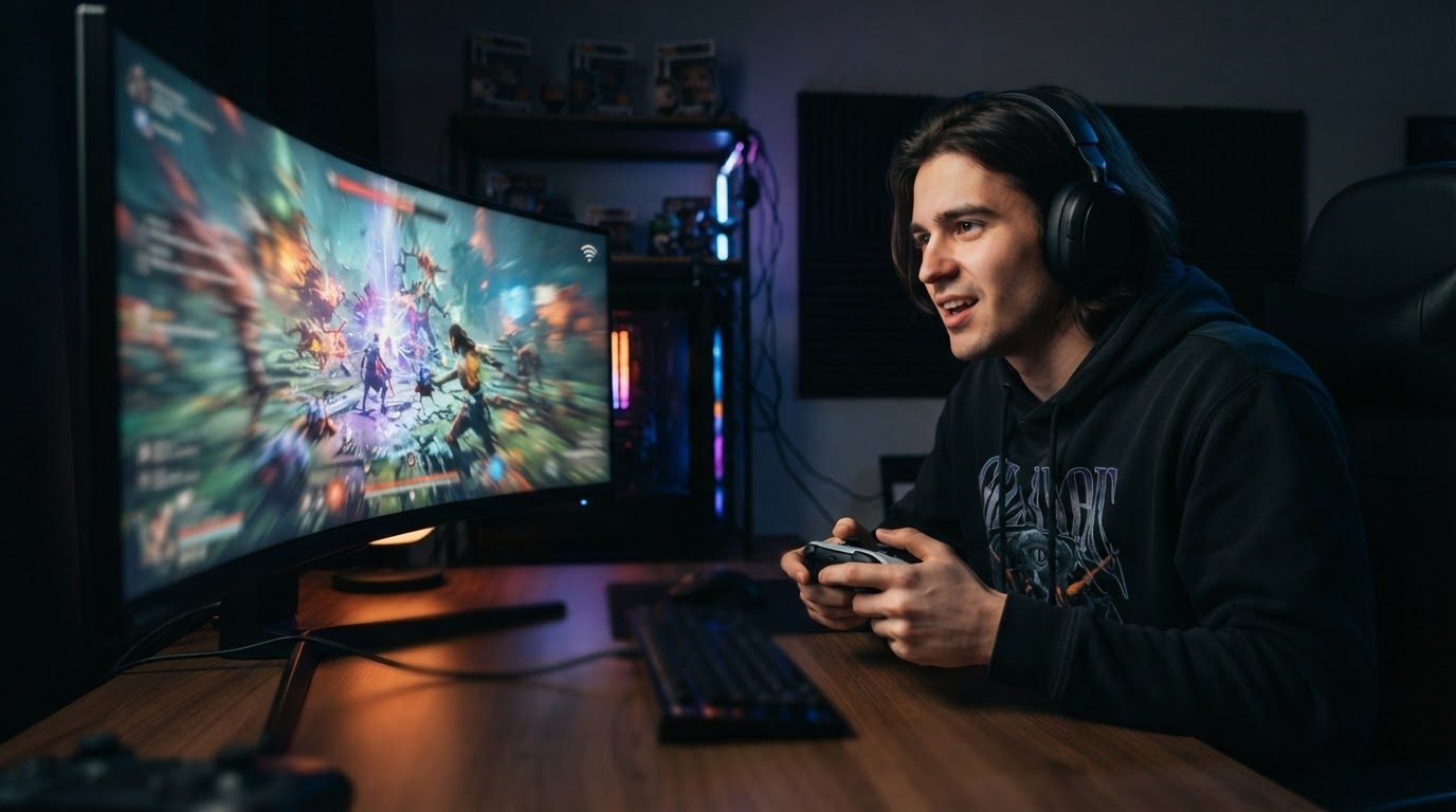Un jeune homme jouant à un jeu vidéo en ligne, illustrant des sessions de cloud gaming avec une connexion 5G.