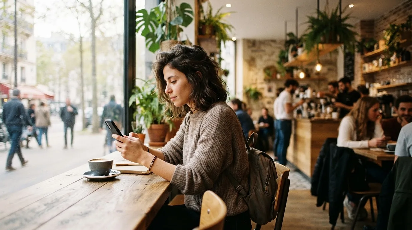 Voyageur partageant sa connexion depuis son télephone vers un ordinateur portable à une table de café à l'étranger