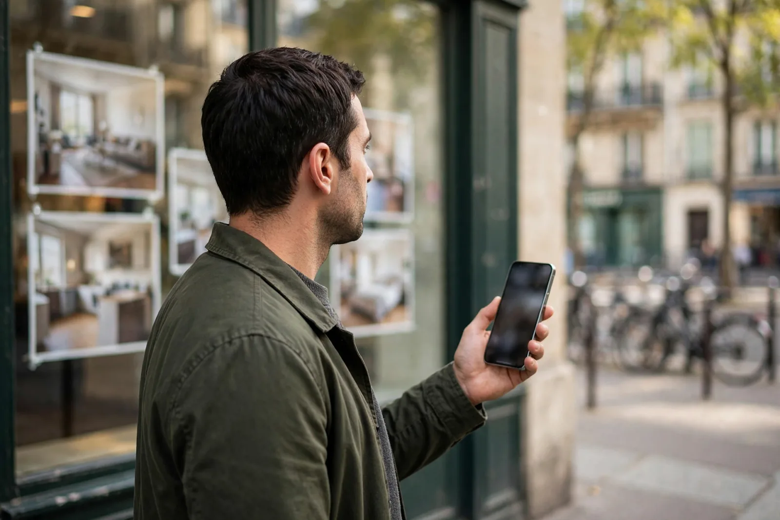 Un acheteur consulte des alertes immobilières sur son téléphone devant une vitrine d'agence immobilière
