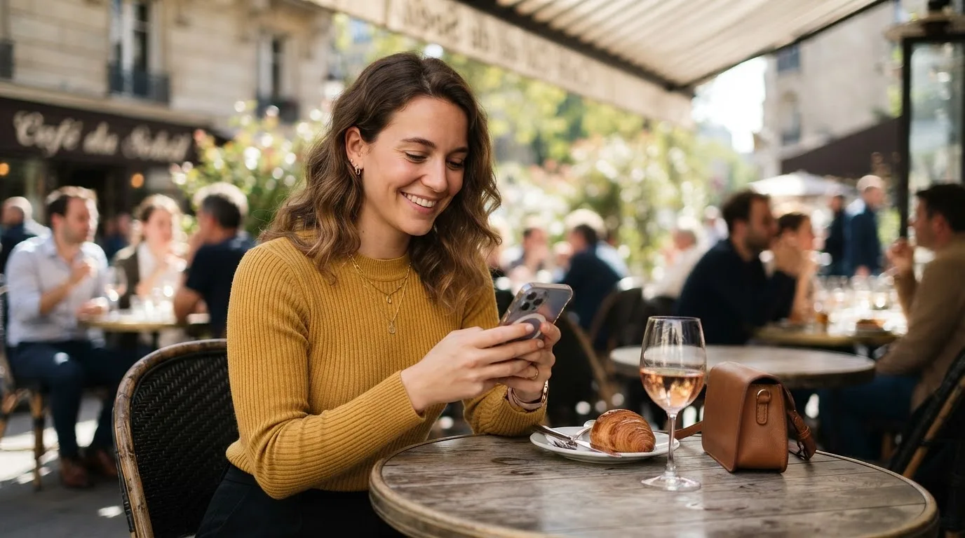 Une personne utilisant son smartphone à l'extérieur, profitant d'une connexion 4G stable dans un café.