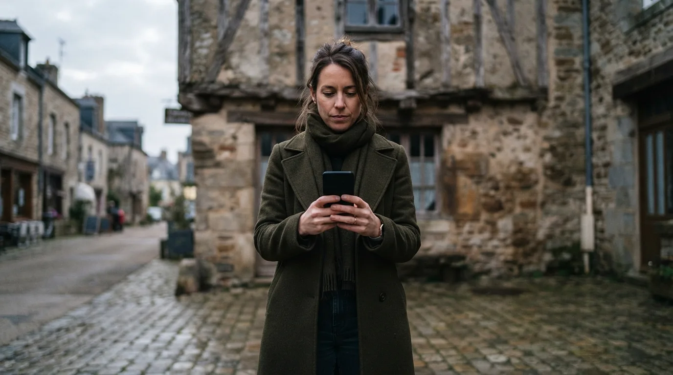Un acquéreur consulte une alerte sur son téléphone à l'aube dans une rue de village normande