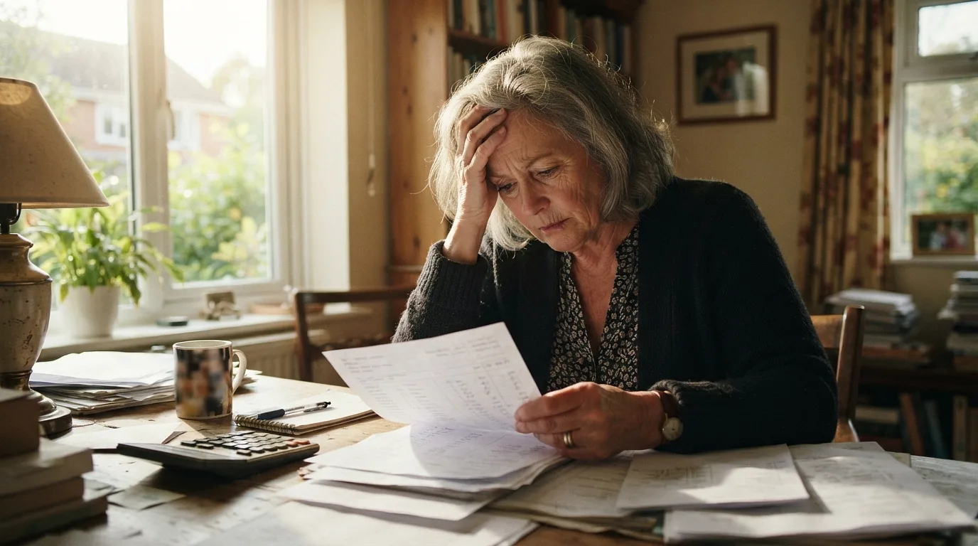 Un propriétaire inquiet regardant des documents sur des loyers impayés dans un bureau douillet. La lumière du jour entre par la fenêtre, créant une atmosphère préoccupante.