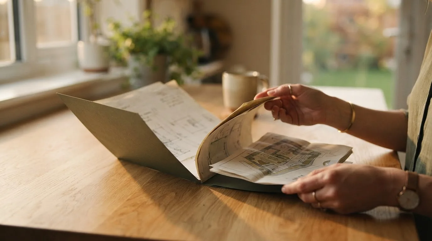 Un acheteur examine en profil un dossier immobilier sur une table de cuisine en fin de journée