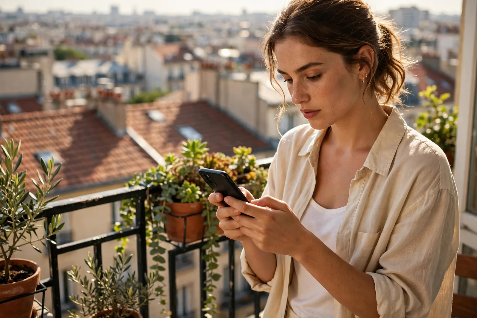 Personne qui vérifie la couverture réseau depuis son balcon