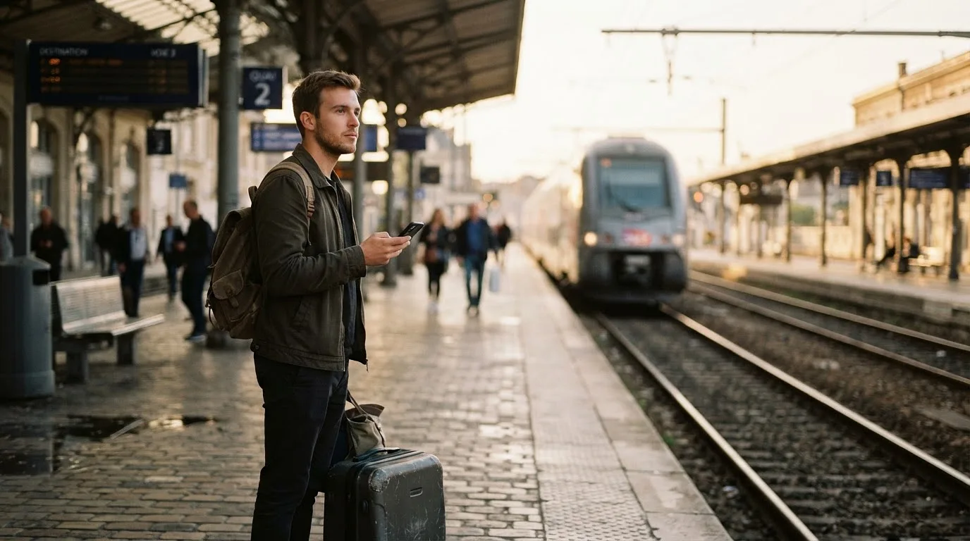 Un voyageur réglant ses données avant un départ en train