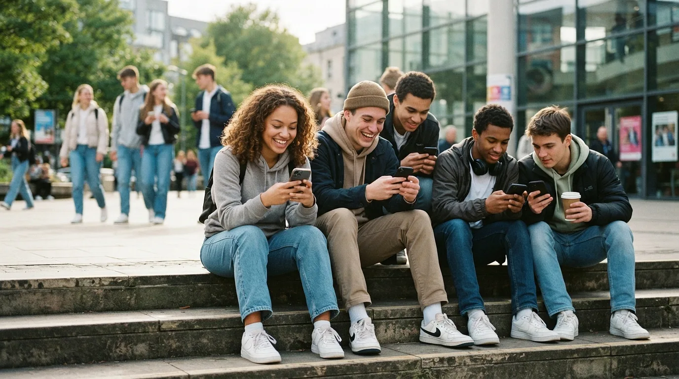 Un groupe de jeunes utilisant des smartphones à l'extérieur