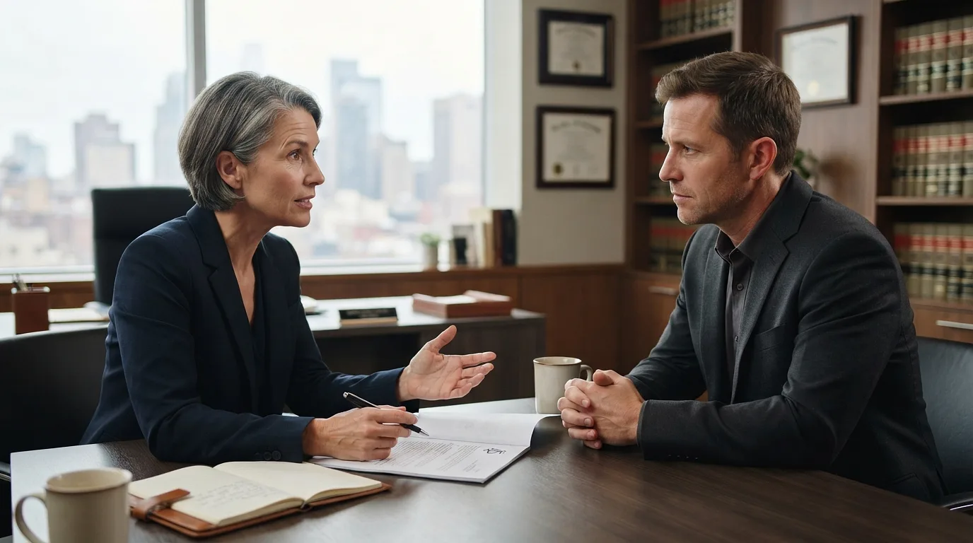 Un avocat conseillant un propriétaire sur les recours possibles pour un loyer impayé dans un bureau bien éclairé. L'atmosphère est empreinte de sérieux et de professionnalisme.