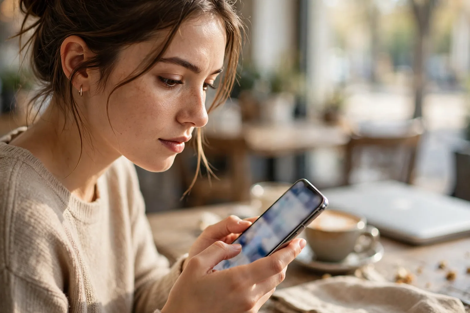Personne qui compare des forfaits mobiles sur smartphone à une table lumineuse