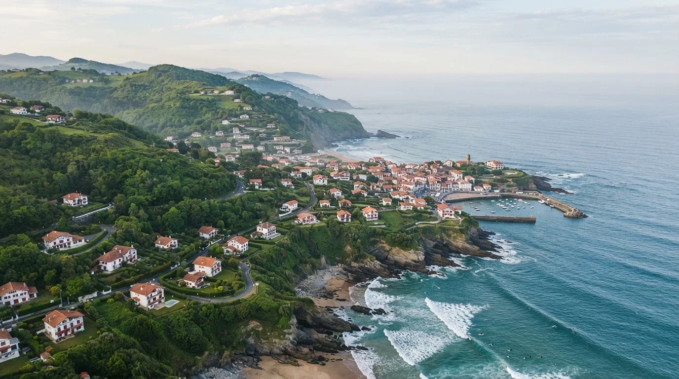 Une vue aérienne oblique de la côte basque montrant des villas et des immeubles résidentiels entre collines vertes et océan, lumière du matin dégageant une brume légère sur le littoral, photographie éditoriale prise avec un téléobjectif 70mm à f/5.6, palette de couleurs atlantiques dominée par le vert, le bleu et le blanc.