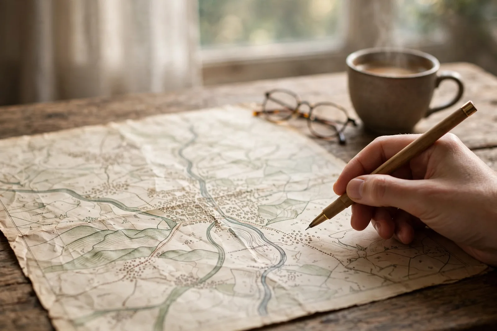 Plan de recherche immobilier dans l'Eure (27) avec une carte papier sur une table en bois