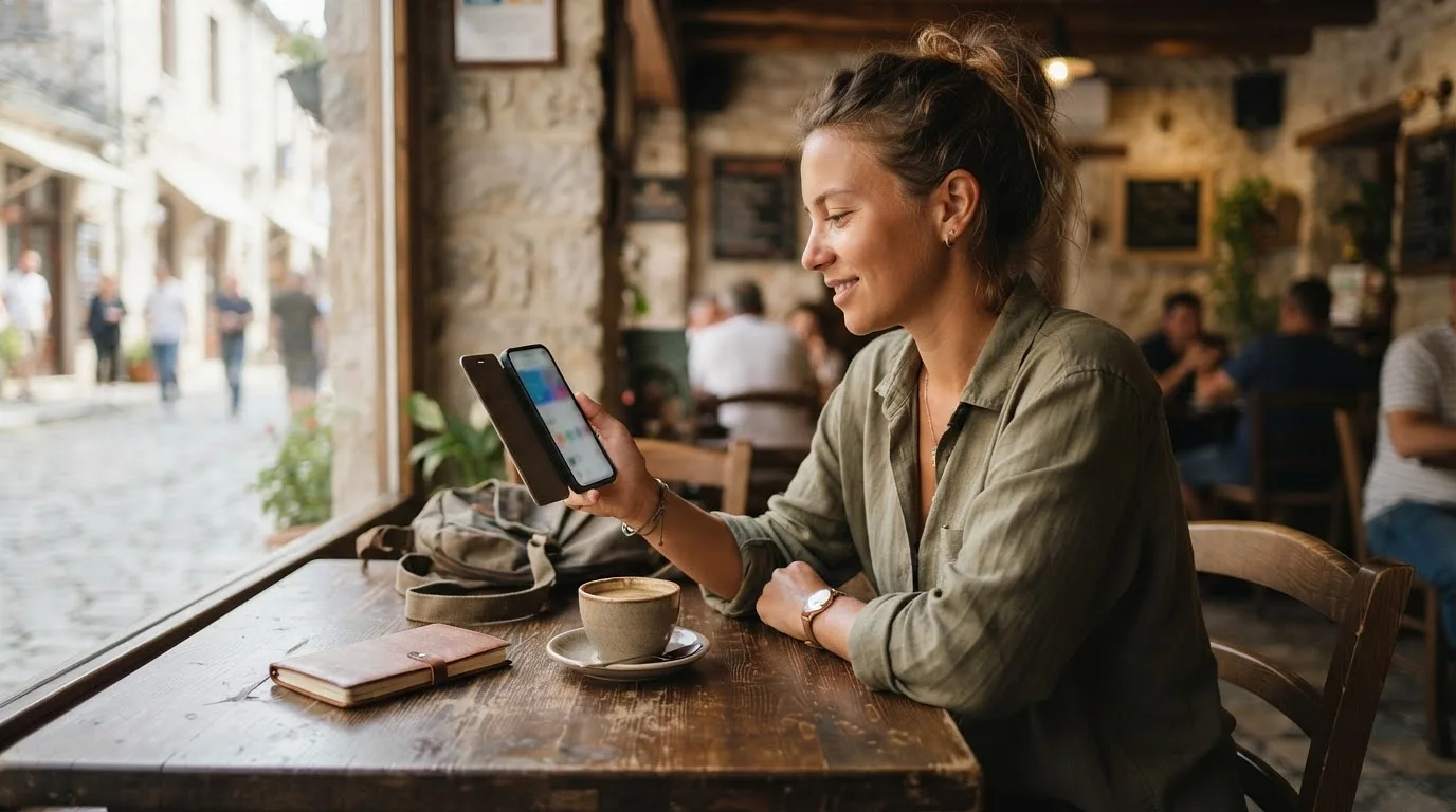 Personne utilisant son smartphone pour comparer les forfaits dans un café lumineux