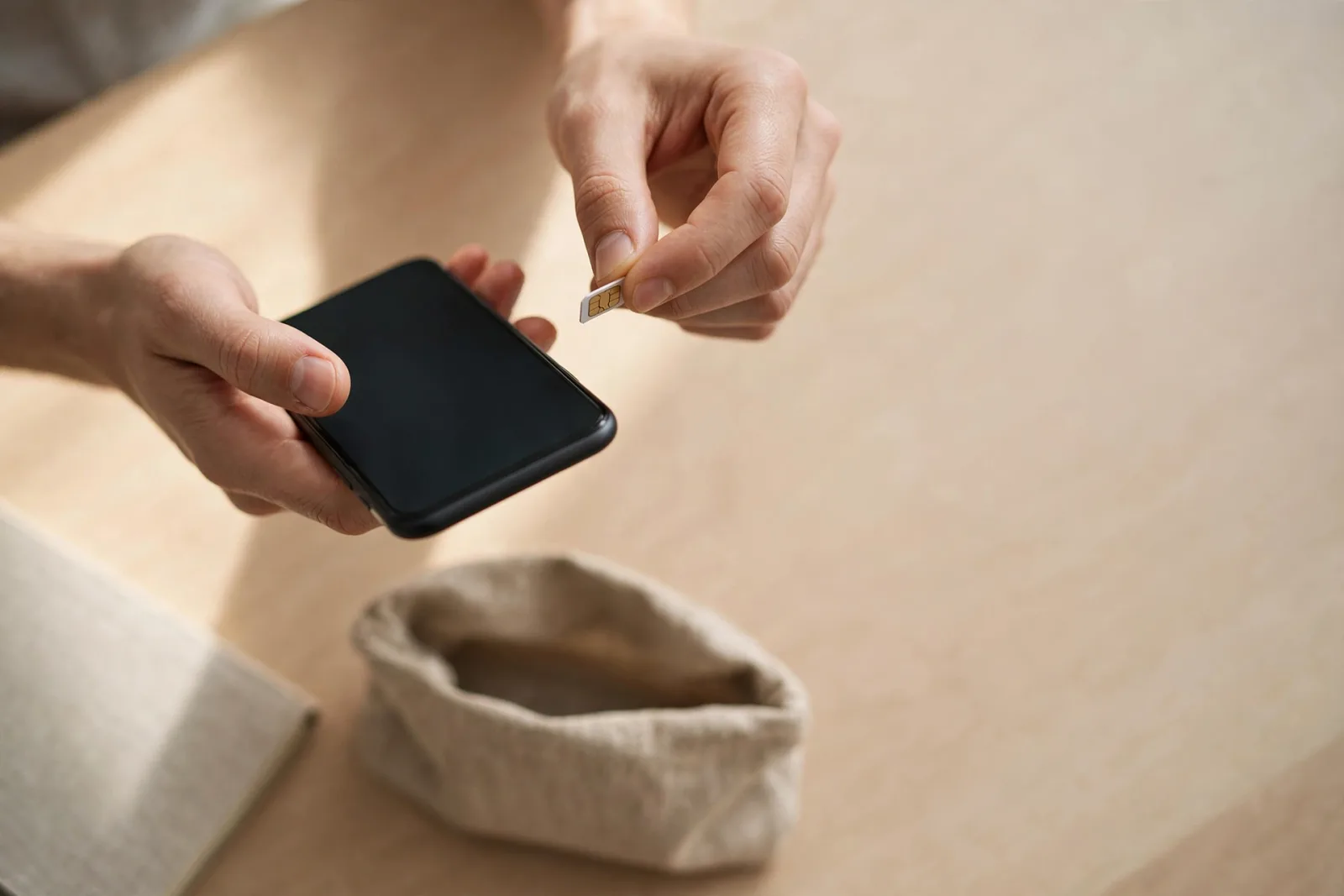 Mains tenant un smartphone et une carte SIM sur une table en bois clair