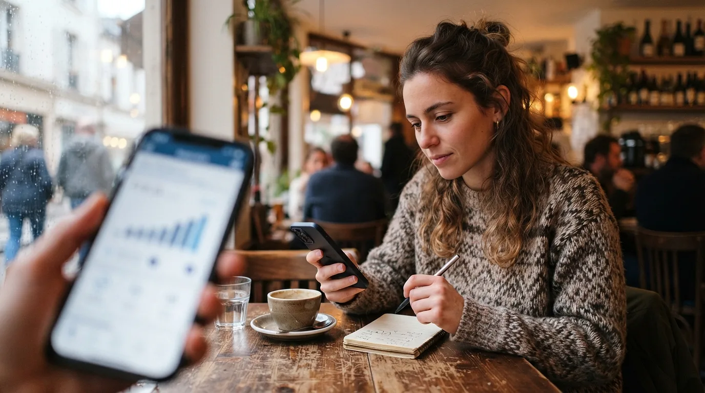Une ambiance de café accueillante avec une personne consultant des plans de données mobiles.