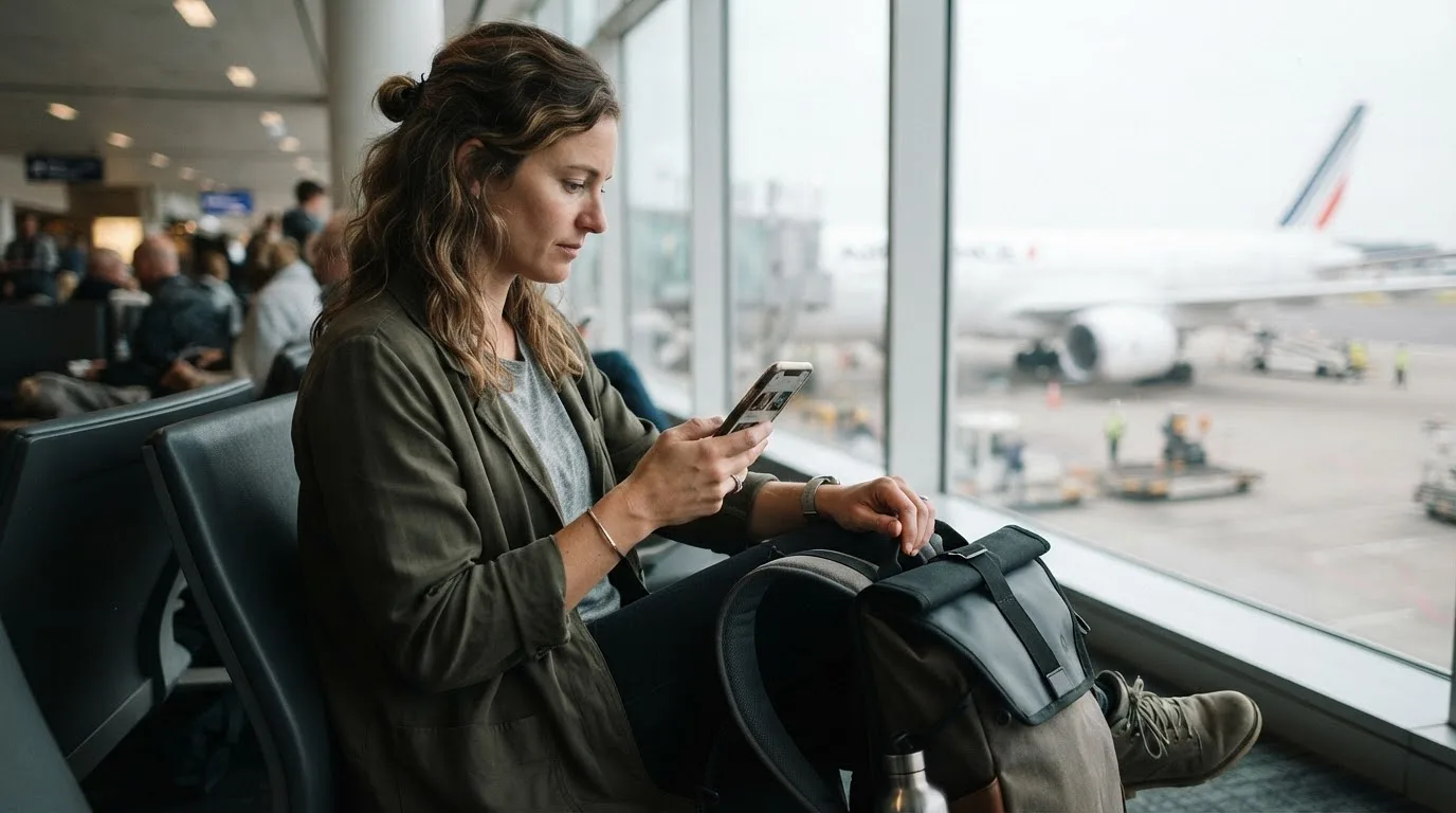 Voyageur vérifiant son forfait mobile sur son téléphone dans un aéroport, sac à dos à proximité