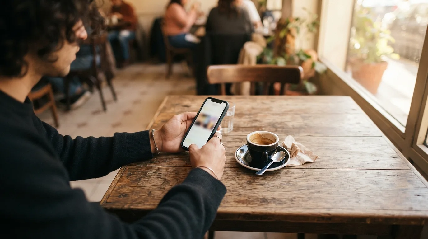 Un client lit son offre mobile sur son téléphone dans un café baigné de lumière du matin