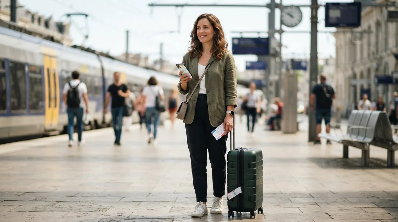 Un voyageur consulte son télephone sur un quai de gare à l'étranger, valise à la main