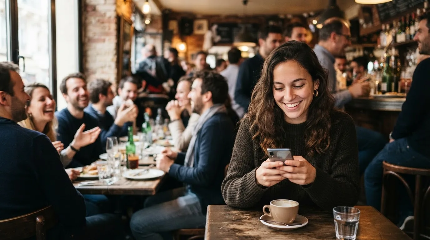 une personne heureuse consultant son smartphone