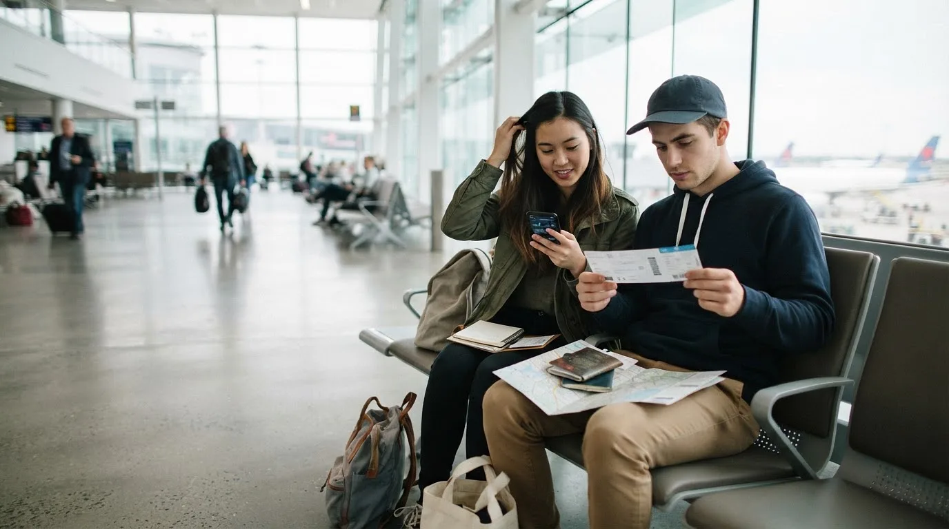 Tableau comparatif des forfaits mobiles voyage en 2026, un couple comparant les offres dans un hall d'aéroport moderne
