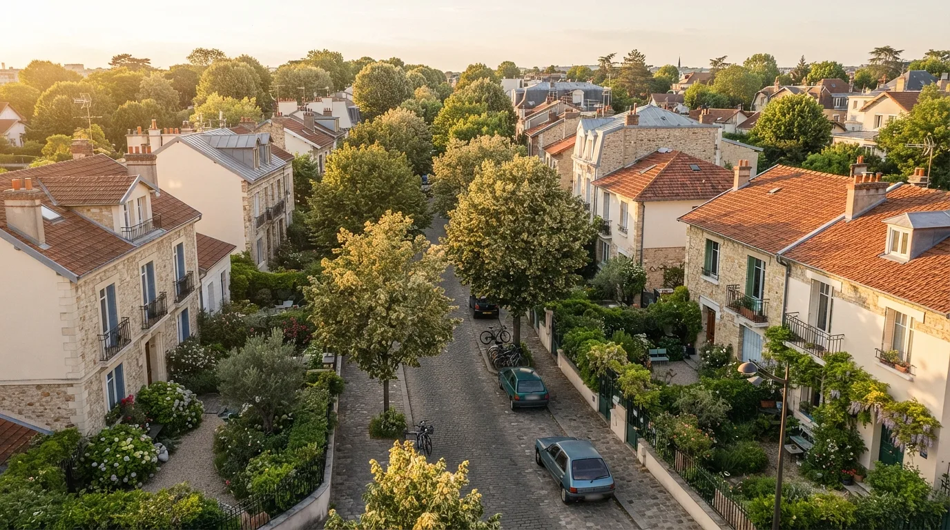 Une rue résidentielle de pavillons en Essonne à la fin de journée, où l'acheteur évalue le quartier avant de s'engager