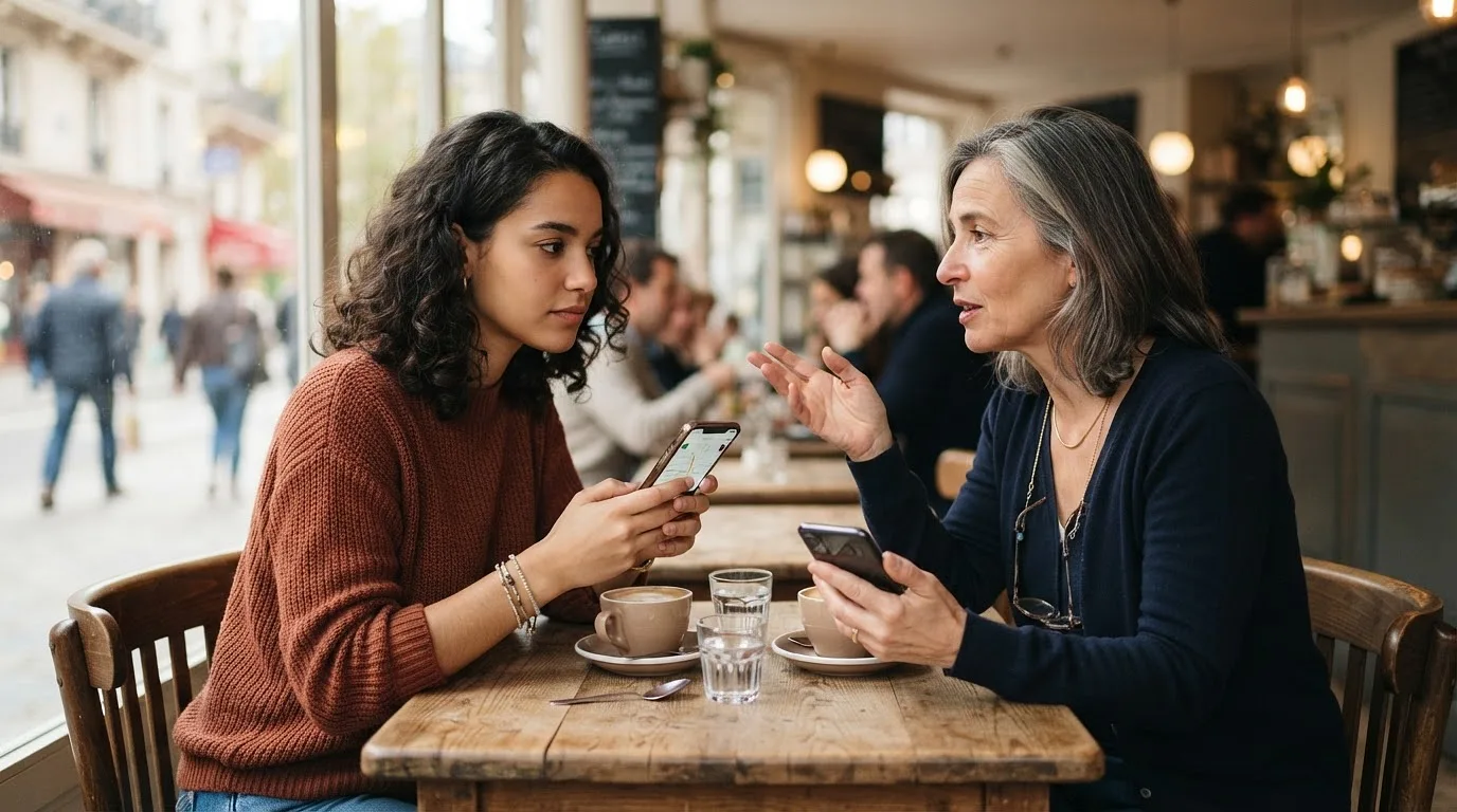 Deux femmes comparant leur téléphone autour d'une table de café
