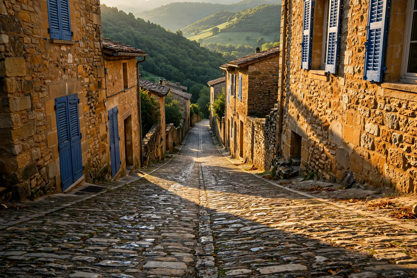 Village de pierre au soleil couchant dans les Cévennes gardoises
