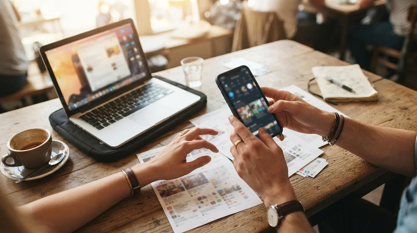 Deux mains tiennent un téléphone au-dessus d'une table de café avec un ordinateur portable ouvert et des annonces imprimées
