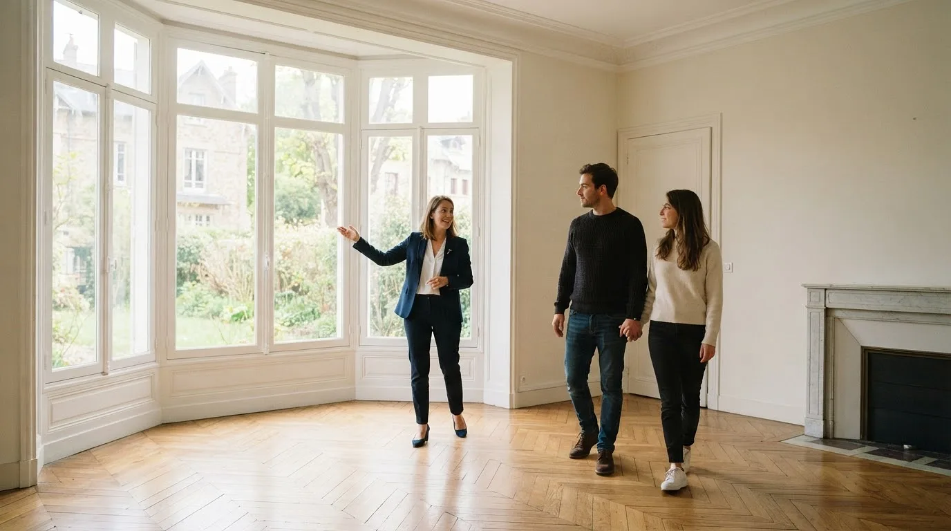 Visite privée d'un bien immobilier avant sa mise en ligne, un agent présentant un salon vide à un couple