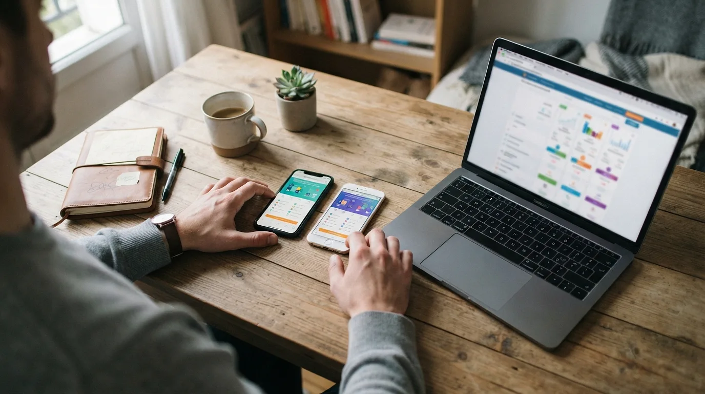 Une personne assise à un bureau, comparant deux smartphones posés côte à côte, avec un ordinateur portable ouvert affichant une page de comparaison de forfaits. La scène illustre le processus de décision entre différentes offres mobiles. Prise de dessus avec un objectif 35 mm à f/4, lumière ambiante douce, style éditorial aux couleurs neutres.