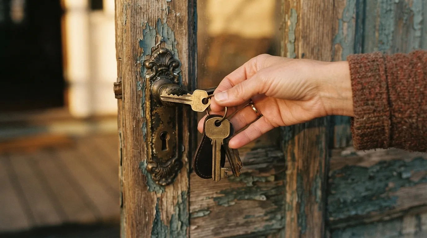 Des clés de maison dans une main, devant une porte en bois ancienne, une fois l'outil de détection choisi