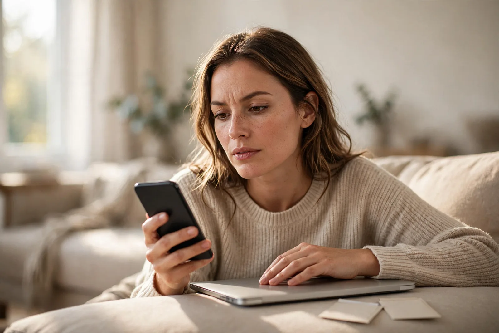 Personne comparant deux offres de forfait mobile sur son téléphone dans un salon baigné de lumière naturelle