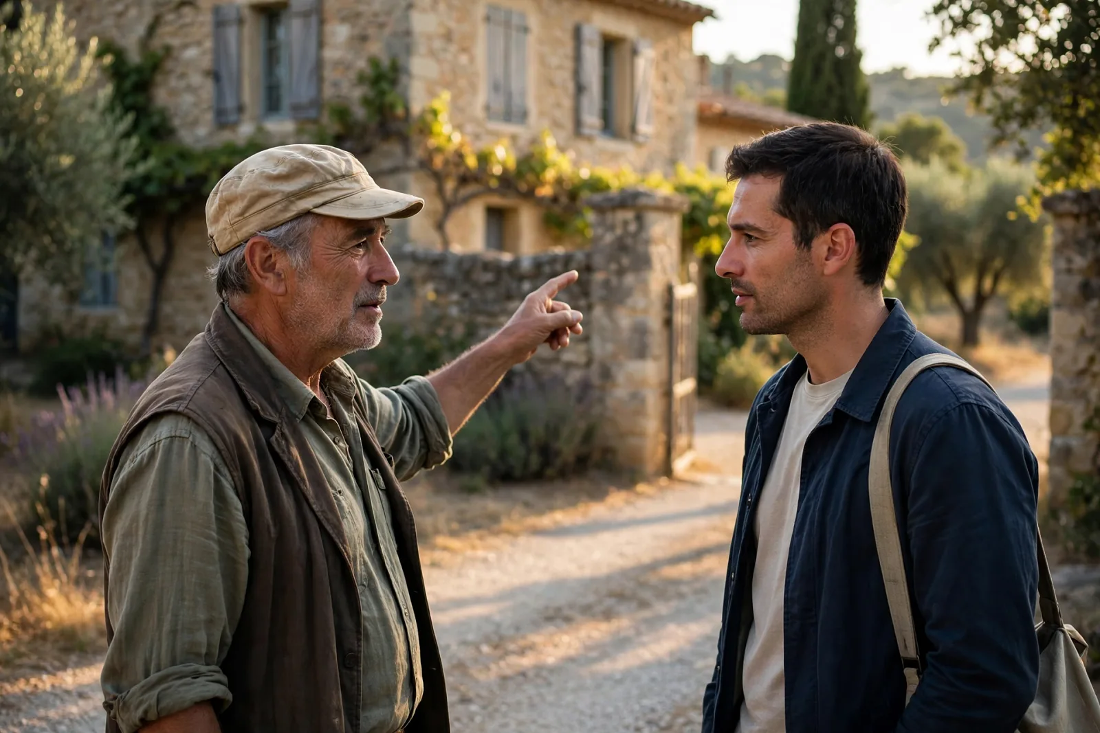 Acquéreur et propriétaire discutant devant une maison en pierre du Gard