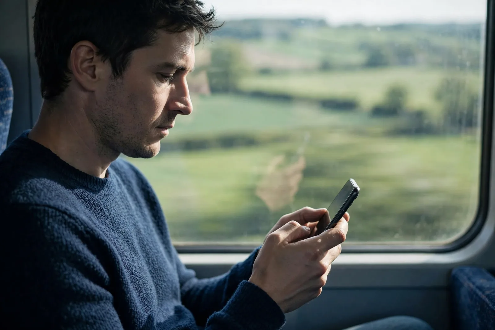 Voyageur comparant les forfaits 5G dans un train en France
