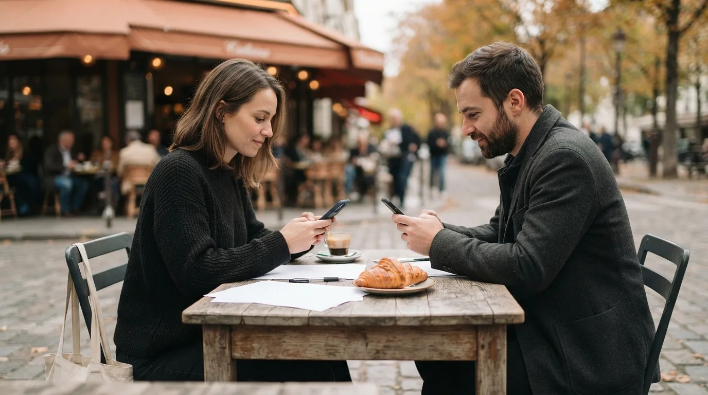 Couple assis à la terrasse d'un café en automne, chacun consultant son téléphone, des papiers et un croissant sur la table