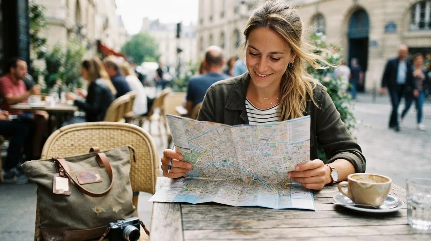 Un voyageur prépare son voyage à la terrasse d'un café, carte papier pliée sur la table