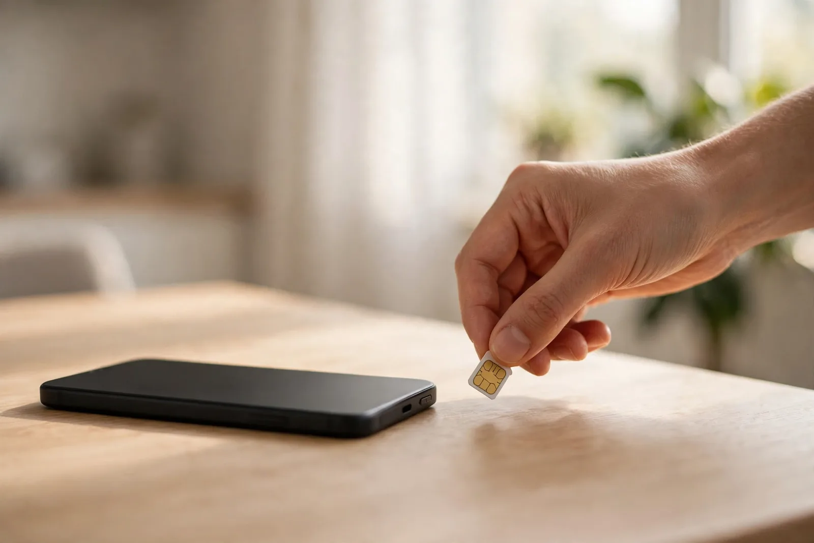 Carte SIM et smartphone posés sur une table claire pour comparer un forfait 30 Go 5G