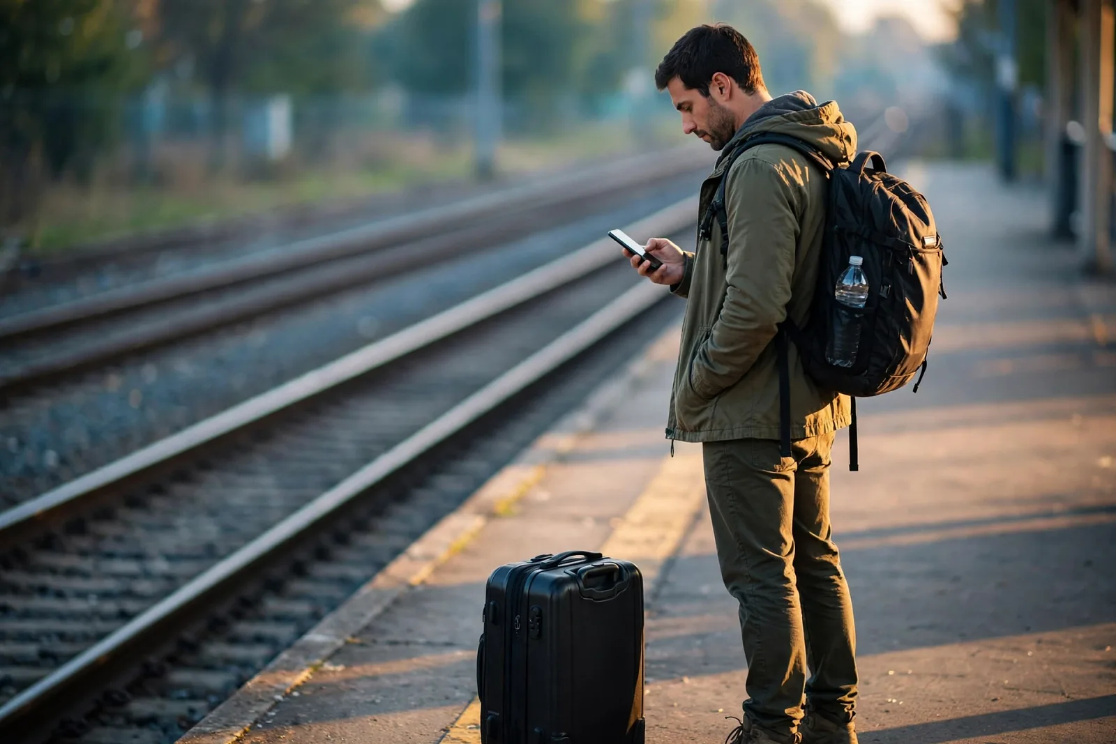 Voyageur qui vérifie la connexion mobile en gare en fin de journée